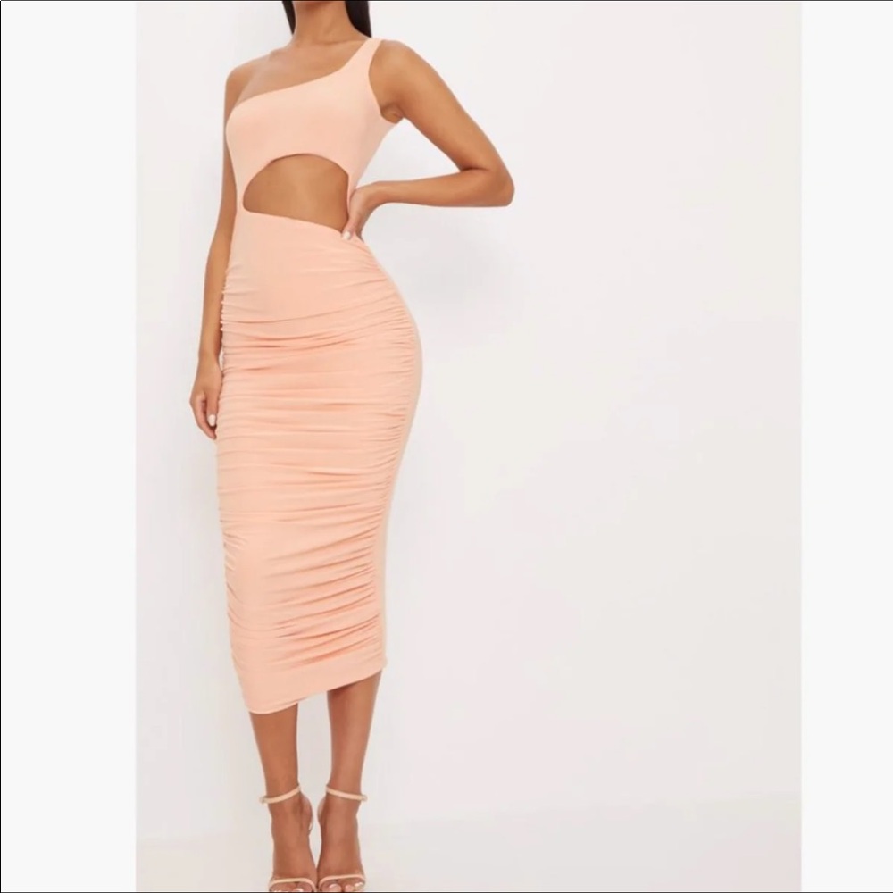 Tangerine one shoulder midi dress